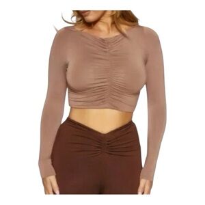 Naked Wardrobe Ruched Long Sleeve Crop Top Taupe Brown Size S NWOT